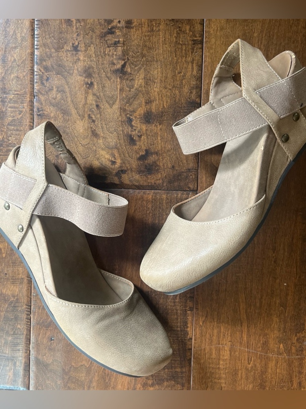 Neutral Tan Wedge Heels with Cross Ankle Strap